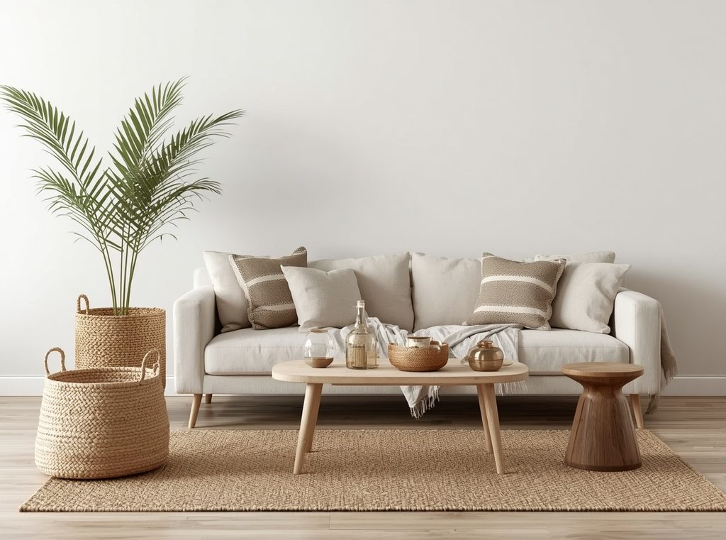 A natural living room with a woven basket, jute rug, wood furniture and linen upholstery layered together simply