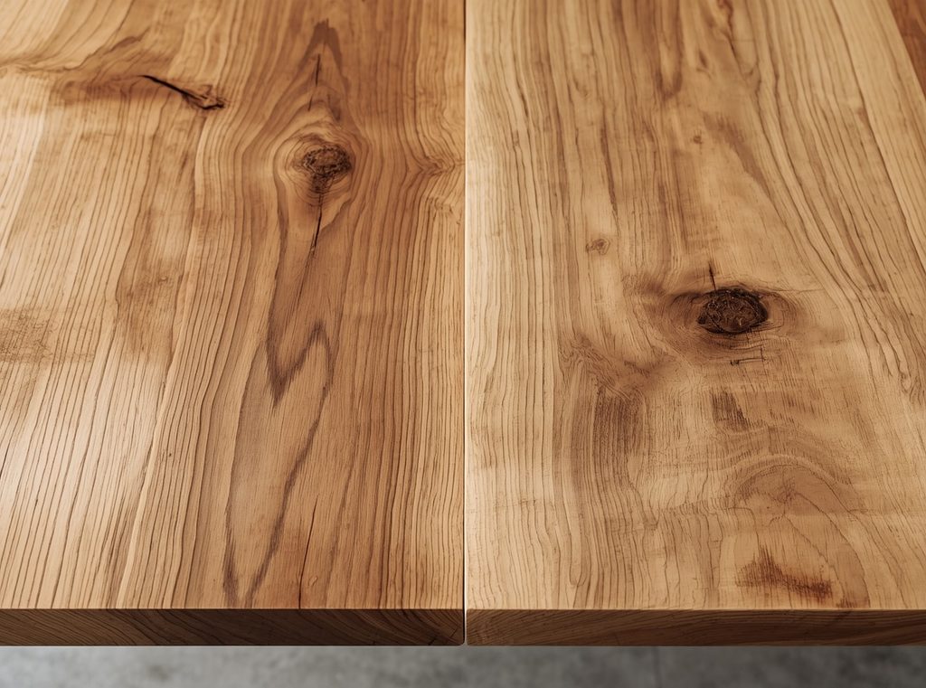 A close-up of a natural wood coffee table showing visible grain, knots and a slightly imperfect matte finish