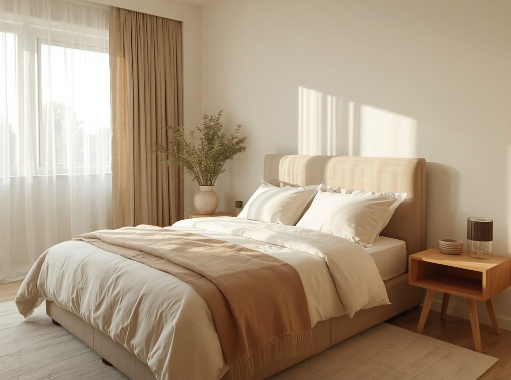 A warm neutral bedroom with creamy linen bedding, natural wood nightstands, soft beige walls and morning light coming through sheer curtains