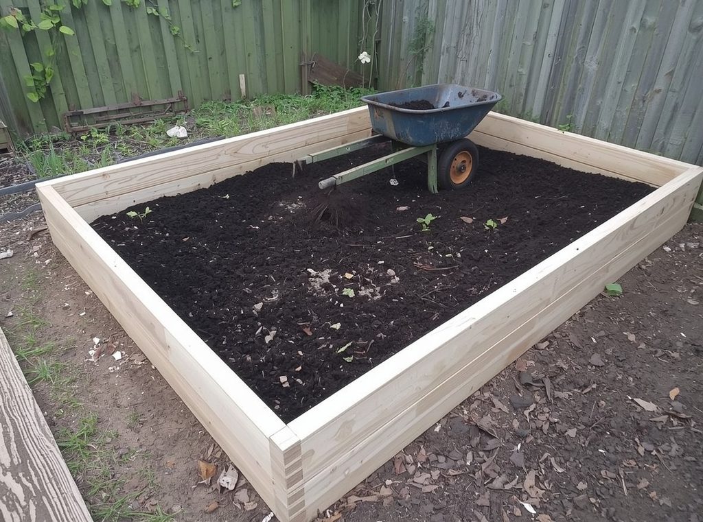 A newly built raised bed being filled with rich garden soil from a wheelbarrow before planting