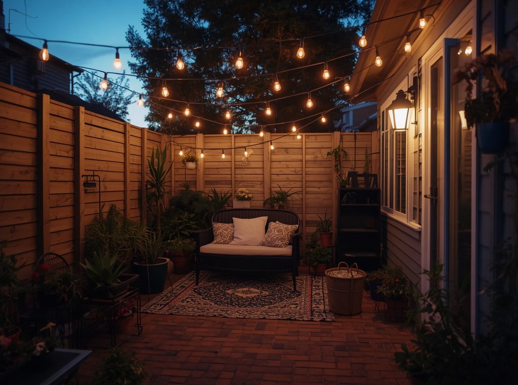 A tiny patio at dusk with warm string lights overhead, a loveseat and a few potted plants