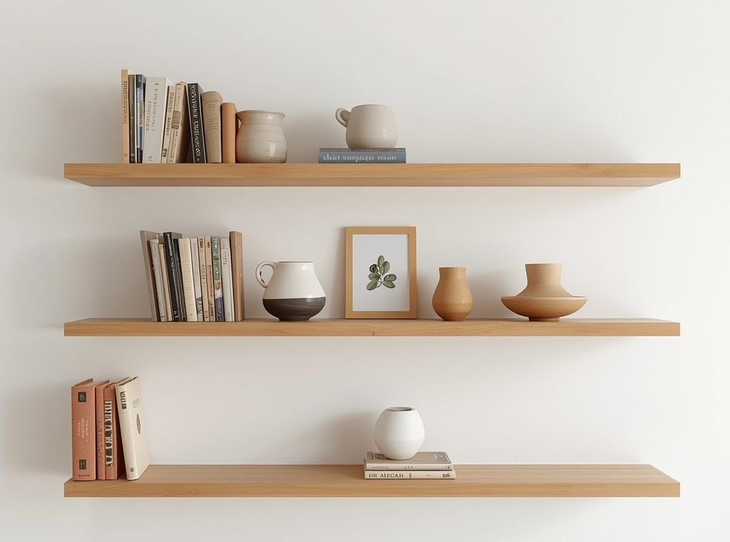 Minimal open shelving styled with a few books, handmade pottery, a small framed print and plenty of open space
