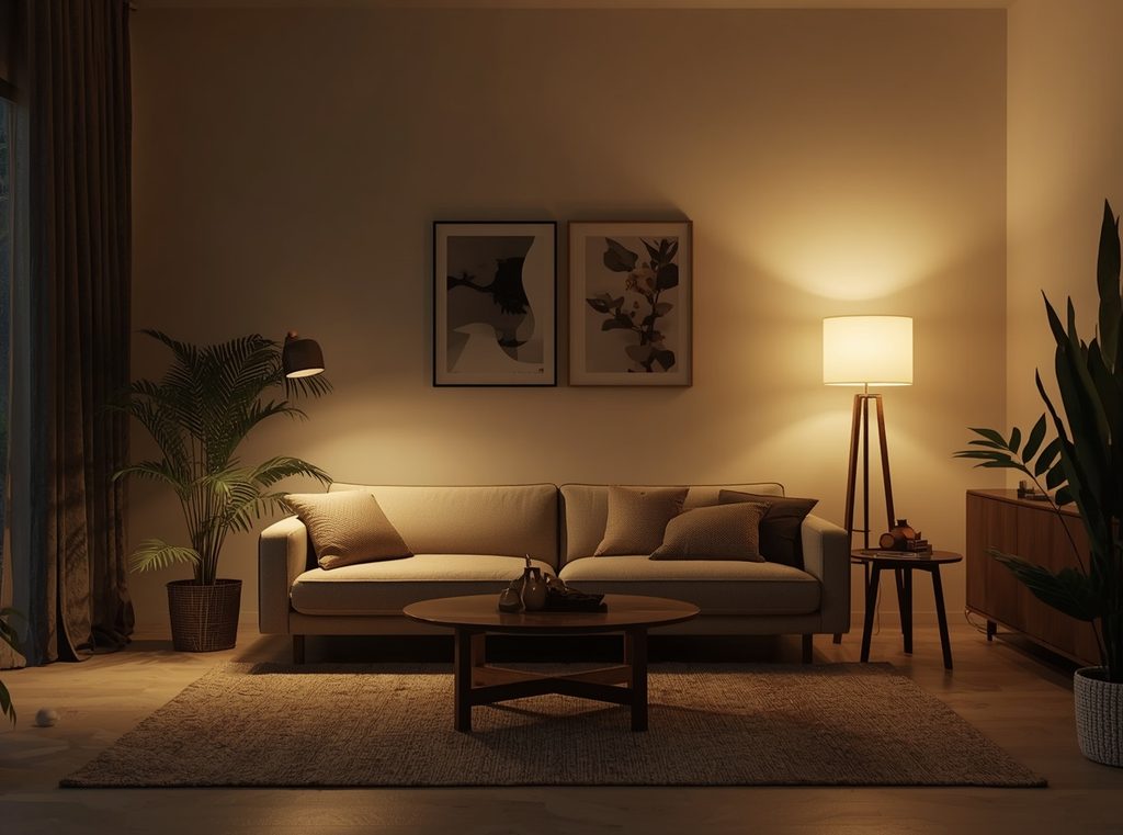 An organic modern living room in the evening lit by a floor lamp and table lamp with the overhead light off