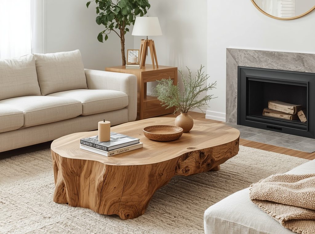 An organic modern living room with a chunky natural wood coffee table, light oak side table and simple cream upholstery