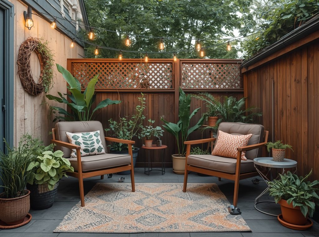 A tiny patio styled like an outdoor room with two comfortable chairs, a small rug, warm string lights, potted plants and a compact side table