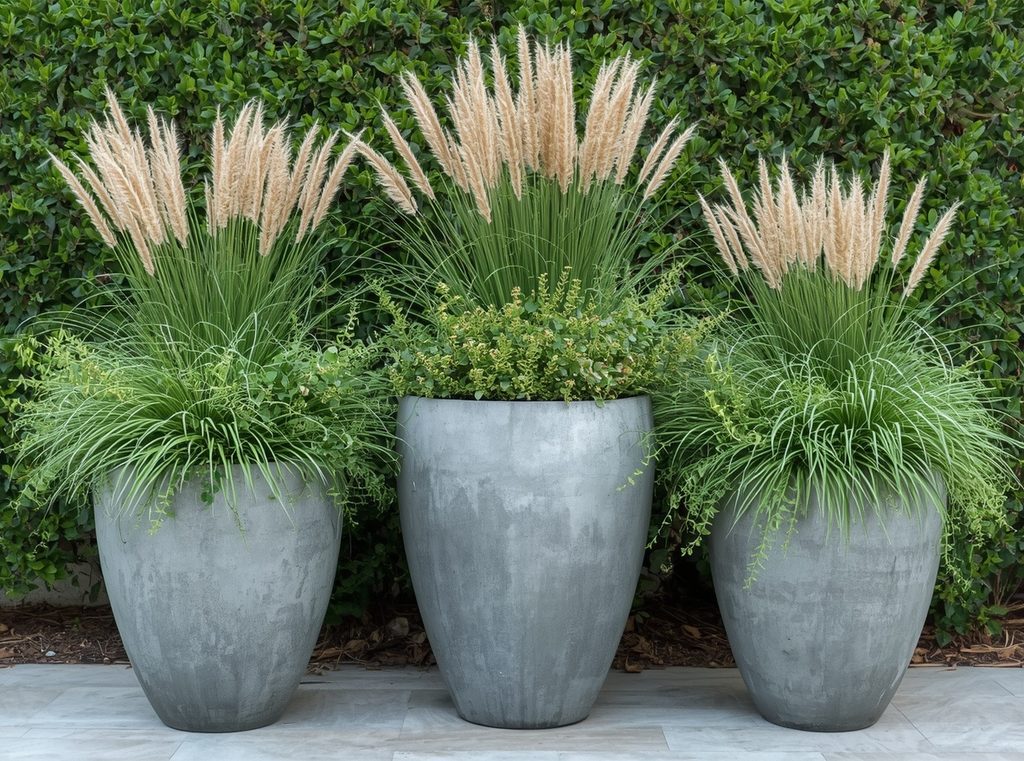 Three large simple outdoor planters grouped together with hardy grasses and low-maintenance greenery
