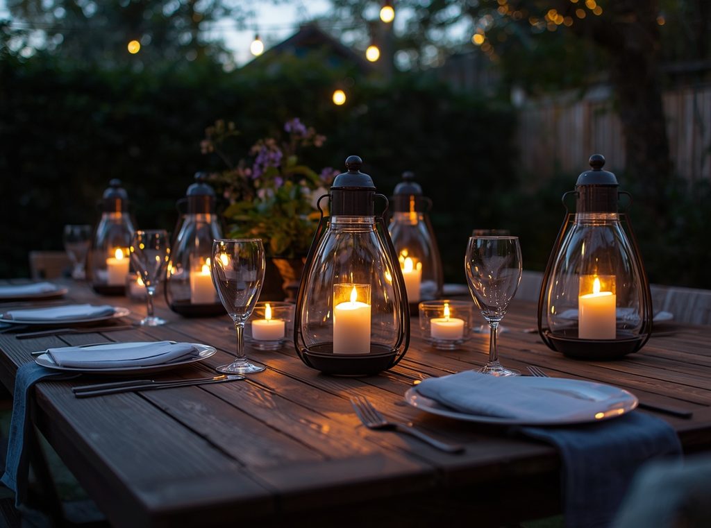 An outdoor dining table in a garden with simple candles glowing inside glass hurricane lanterns at dusk