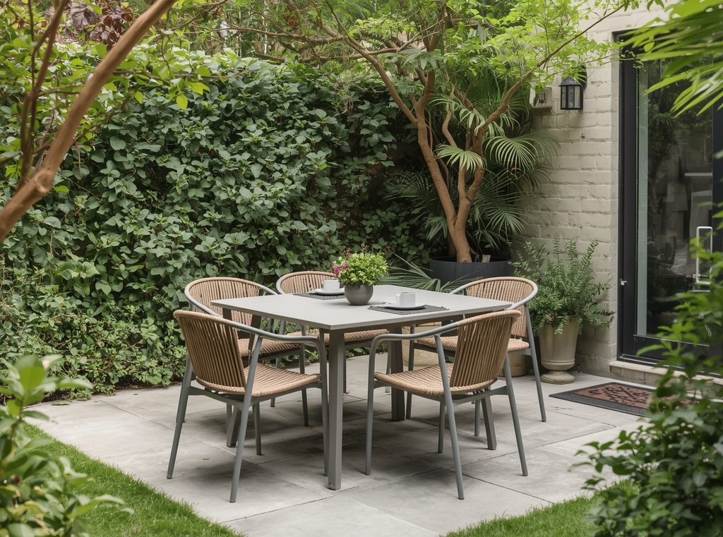 A simple outdoor dining table with six chairs on a small patio surrounded by relaxed greenery
