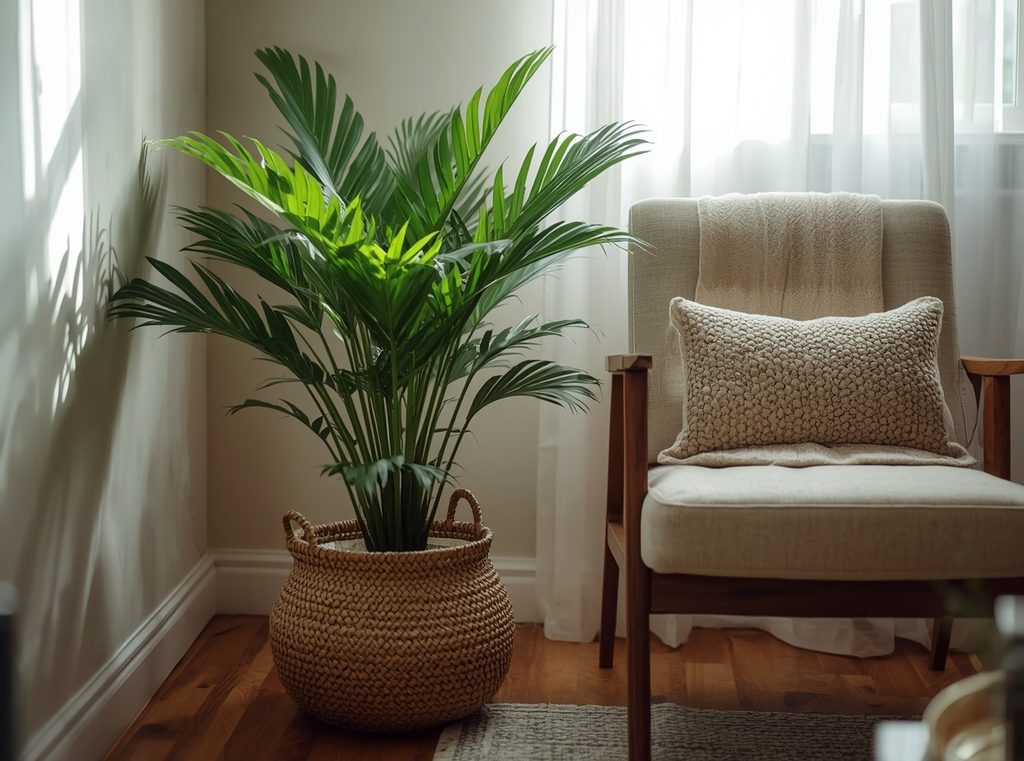 A parlor palm in a woven basket beside a chair in a dim living room with soft filtered daylight