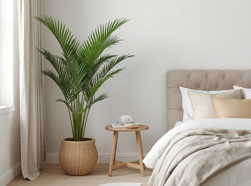 A graceful parlor palm in a woven planter standing in the corner of a calm neutral bedroom