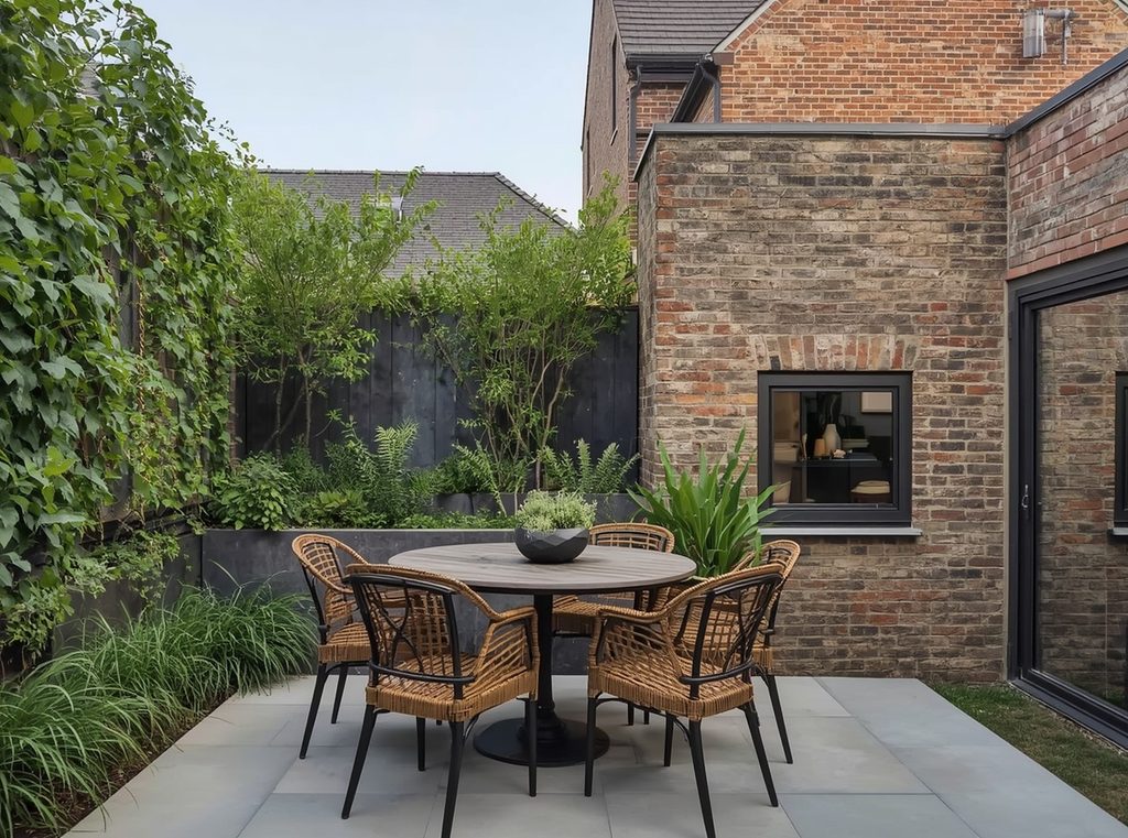 A small patio with one feature wall styled with climbing greenery and a single simple outdoor wall accent