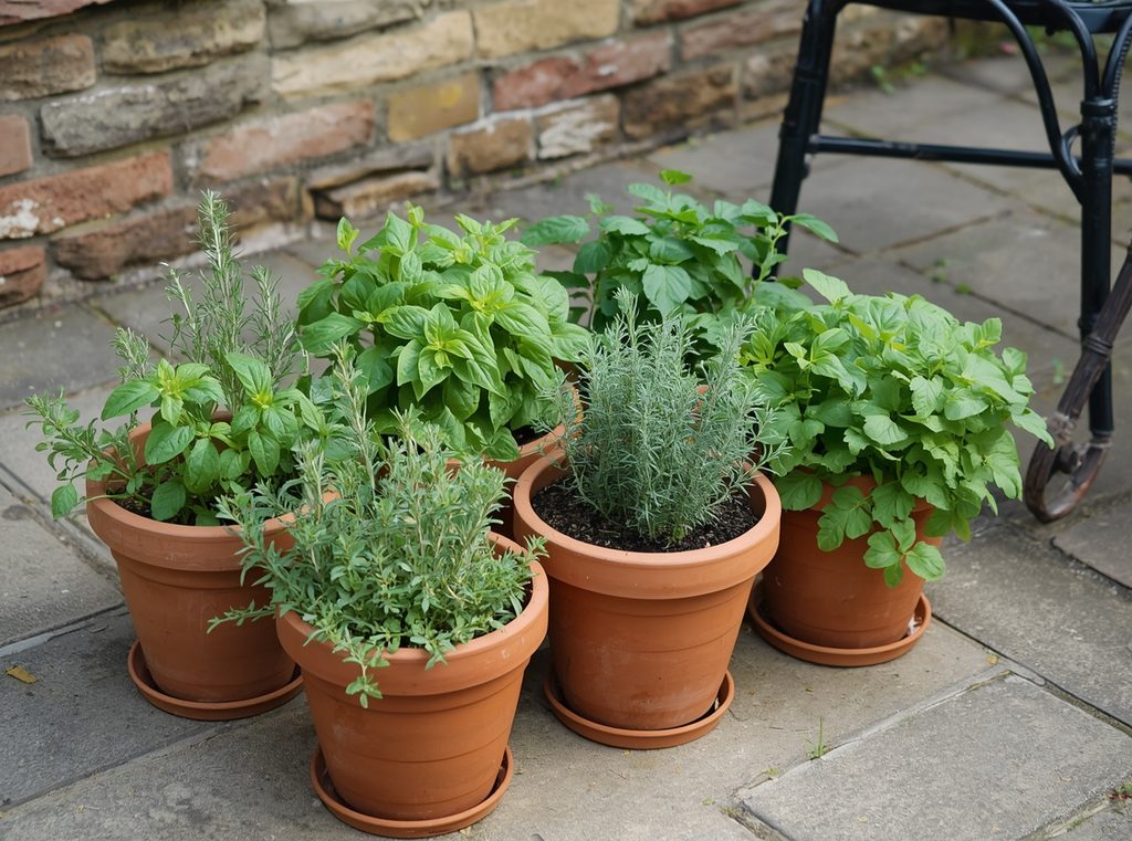 A compact patio herb garden in terracotta pots with basil, rosemary, thyme and parsley beside the seating area