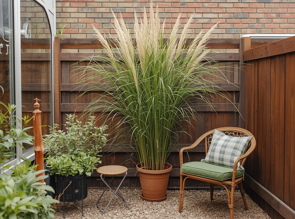 A tiny patio with one tall potted ornamental grass rising above lower furniture and smaller container