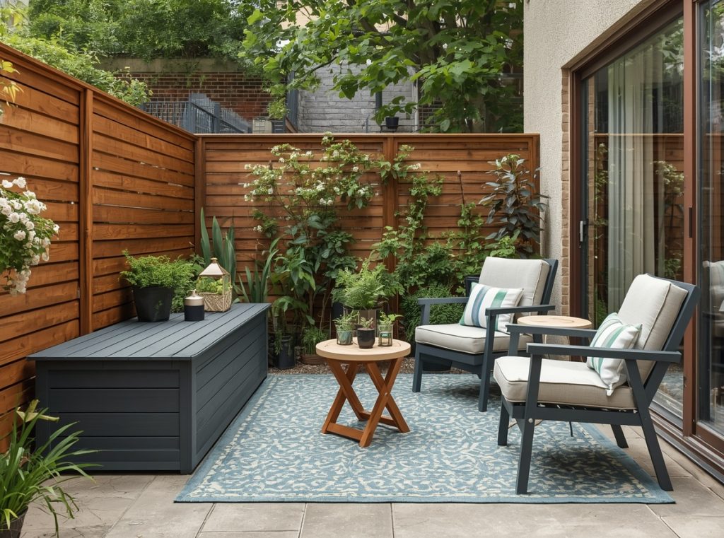 A compact patio with a storage bench, small garden stool and simple furniture arranged without crowding the space