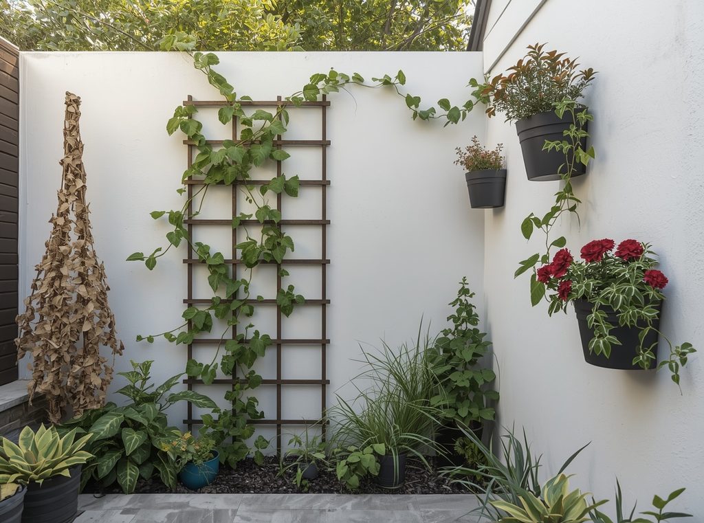 A narrow patio wall with a simple trellis covered in climbing greenery and a few compact wall planters