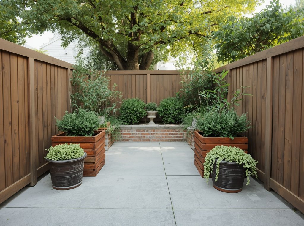 A small uncluttered patio with two layered container groupings and plenty of open walking space between them