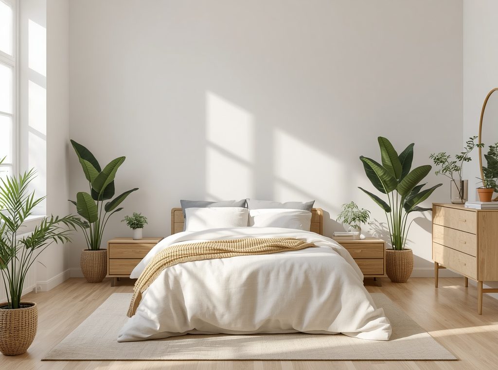 A peaceful neutral bedroom with several simple green houseplants, soft linen bedding, warm wood furniture and natural morning light