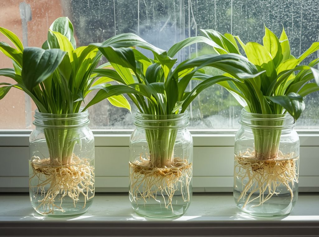 Several plant cuttings rooting in clear glass jars on a bright windowsill, with visible white roots growing in water