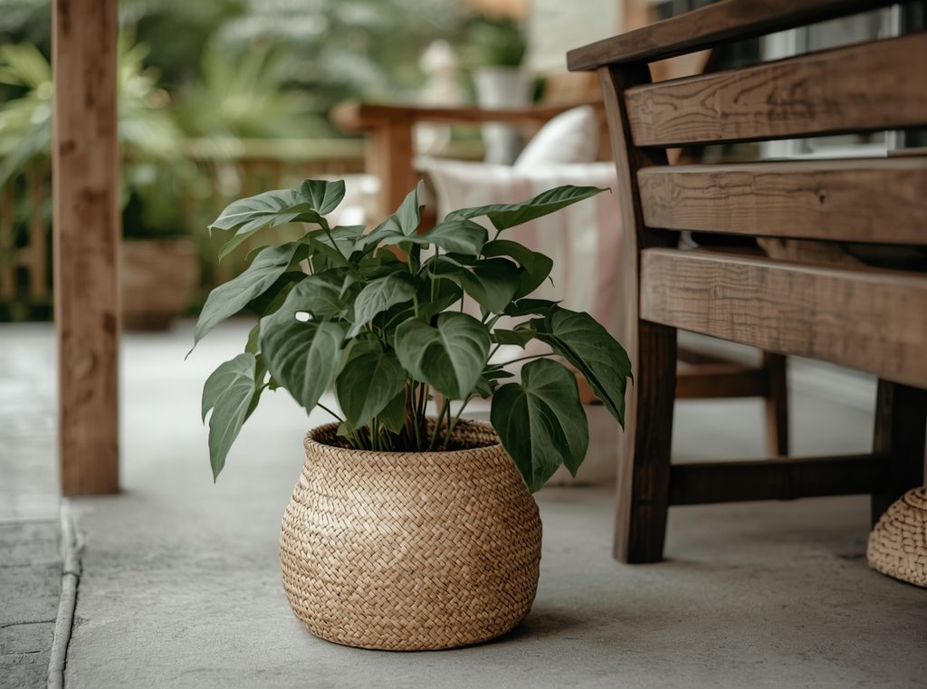 A leafy plant in a simple nursery pot tucked inside a woven basket on a covered patio beside a wood bench