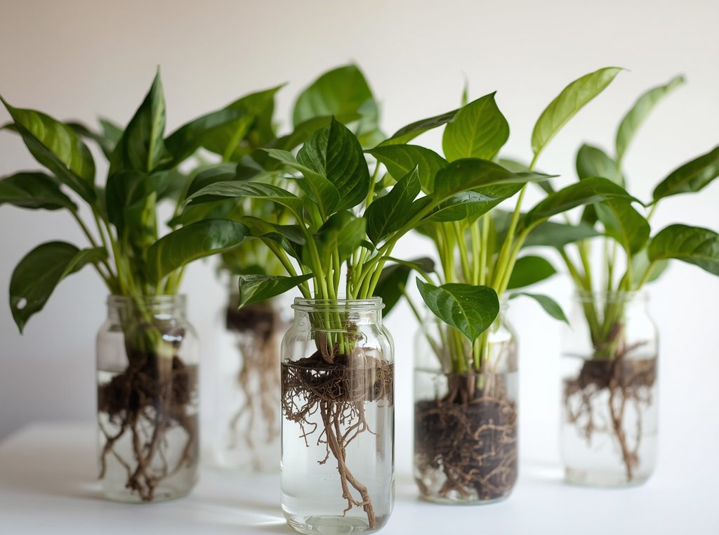 Several established pothos cuttings growing decoratively in clear glass vessels with long visible roots