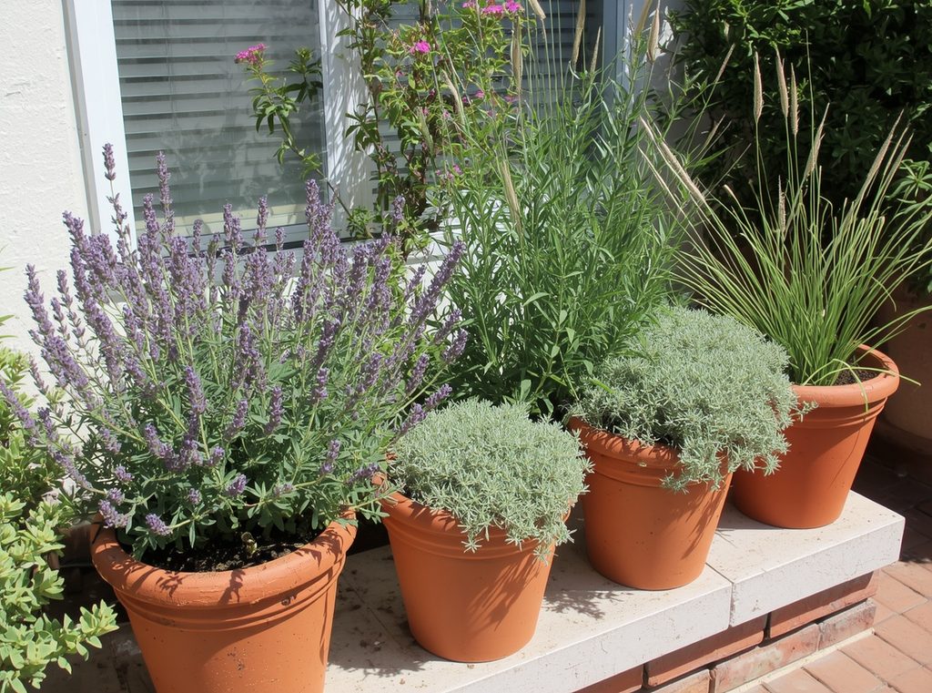A sunny container garden with lavender, sedum, rosemary and ornamental grasses in simple clay pots