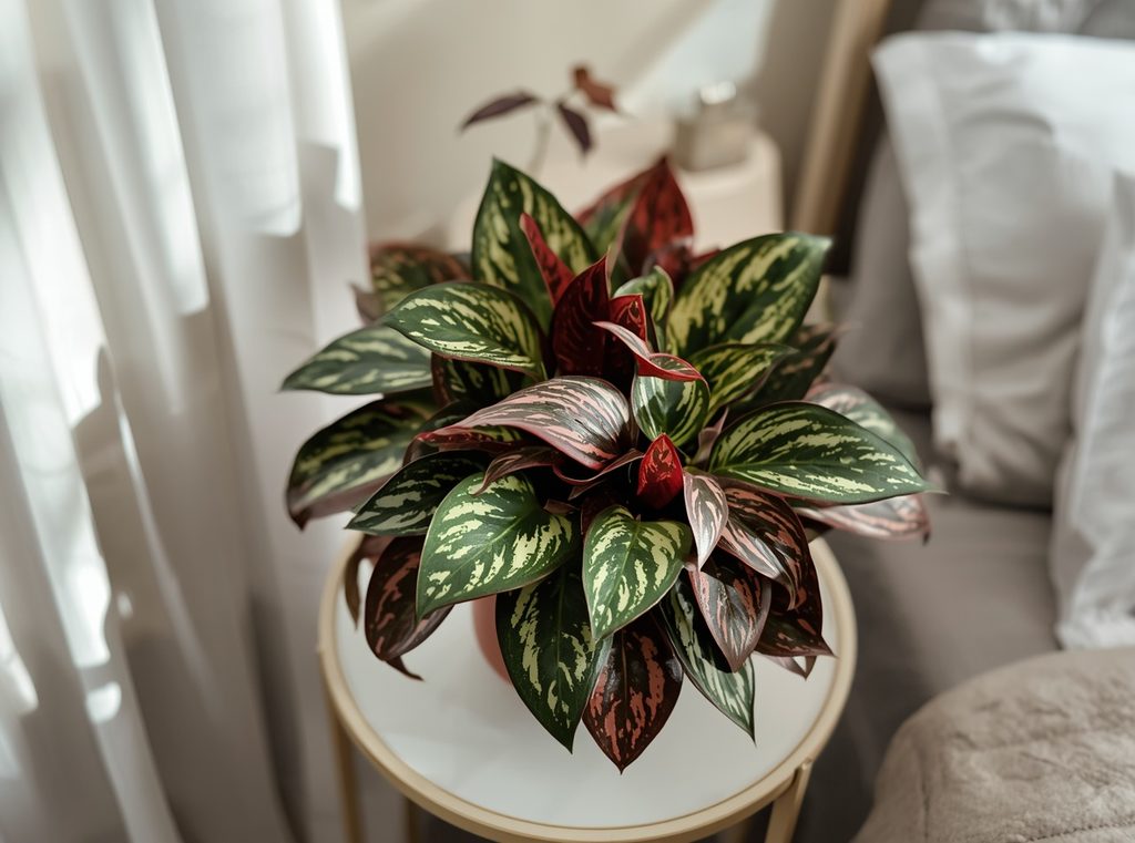 A prayer plant with patterned green and burgundy leaves on a small table in a softly lit bedroom