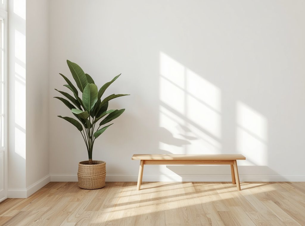 A quiet corner with one leafy plant, a simple wooden bench and plenty of open space around it