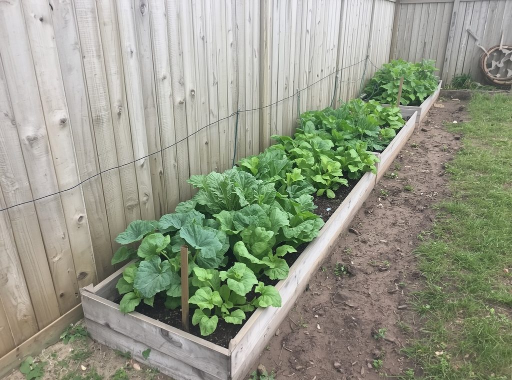 A narrow raised garden bed beside a fence with vegetables planted within easy reach from one side