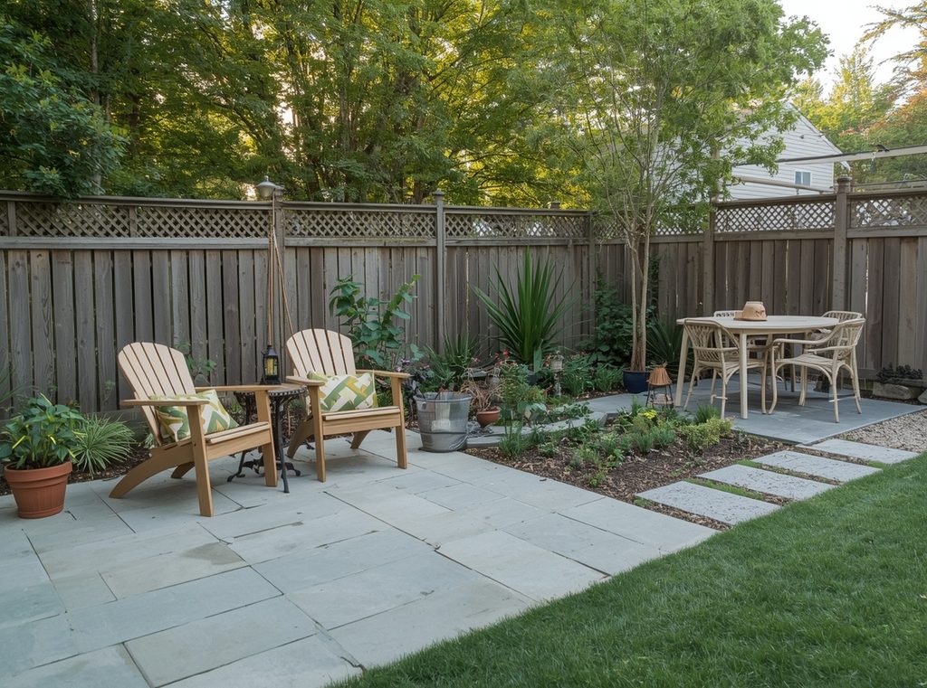 A relaxed backyard with several simple seating zones, including two chairs on a patio, a bench near garden beds and a small dining area