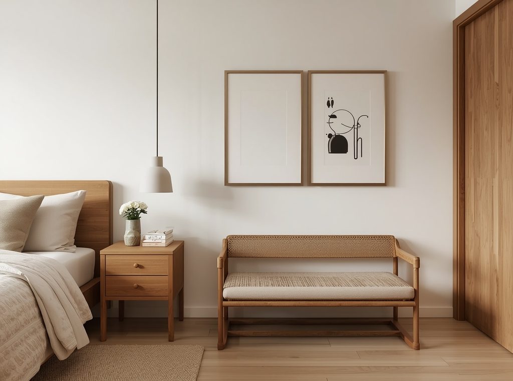 A relaxed neutral bedroom with mixed wood tones, including an oak nightstand, vintage bench and simple wood frames