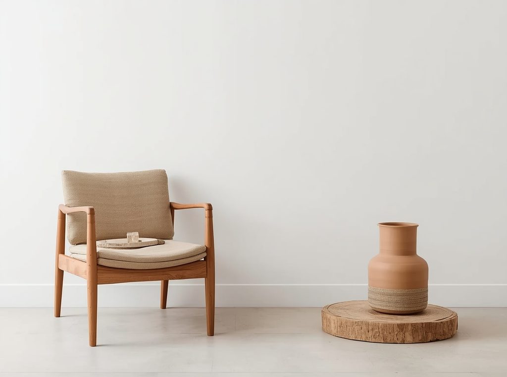 A simple room showing four natural materials together: a wood table, linen chair, clay vase and stone tray in a warm neutral palette