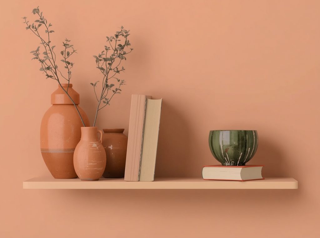 A shelf styled with terracotta pottery, a glazed ceramic bowl and a few simple books against a warm neutral wall