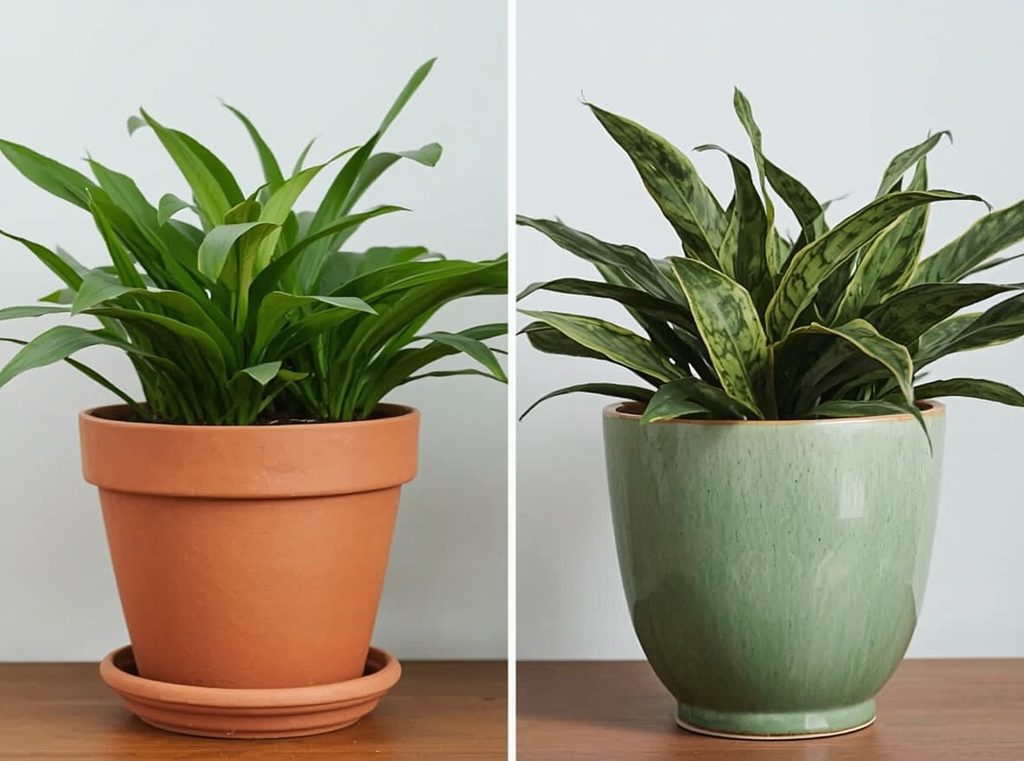 wo similar houseplants in different pots, one terracotta and one glazed ceramic, showing how containers affect soil moisture