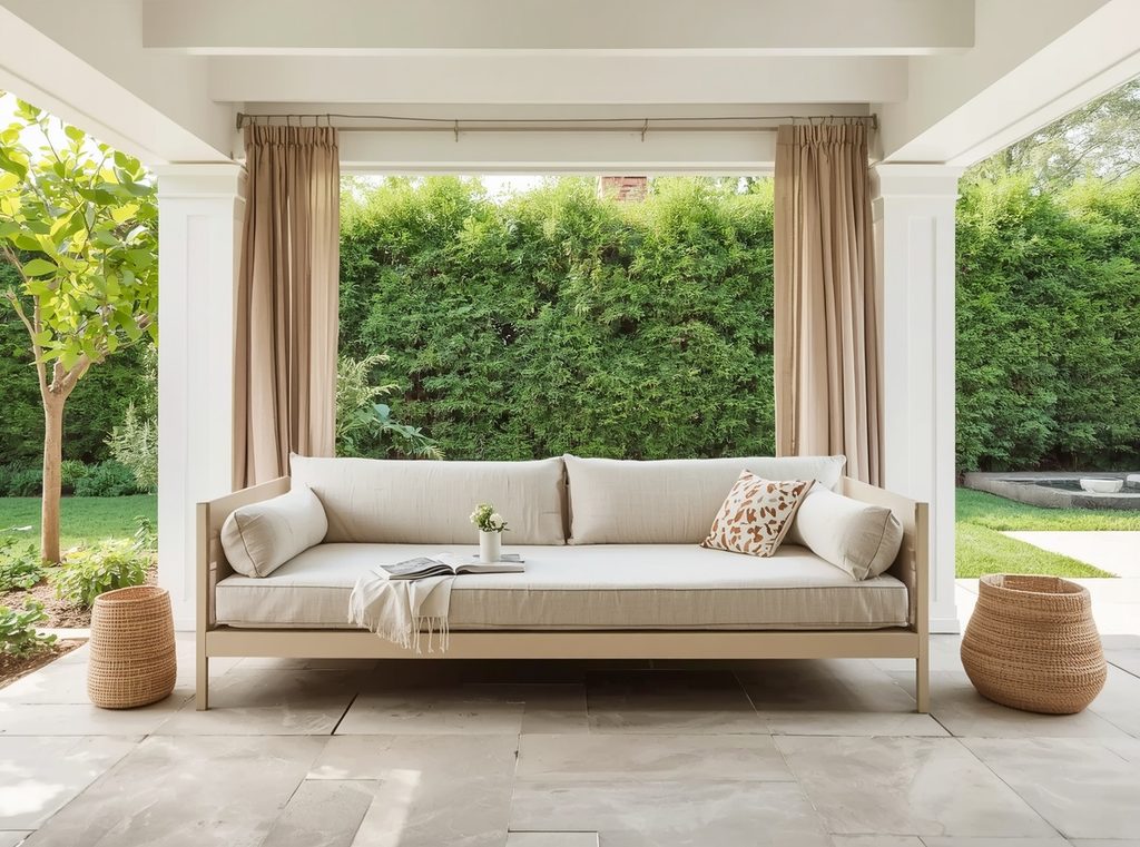 A simple outdoor daybed on a covered patio with linen-look cushions and soft curtains nearby