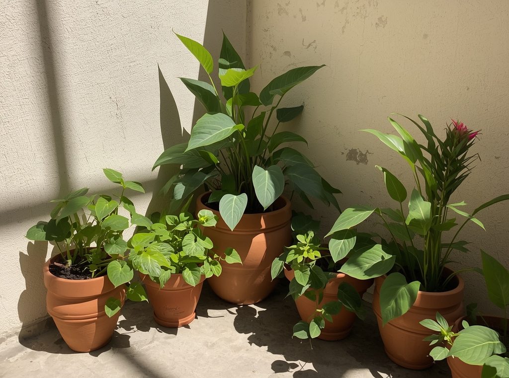 A shaded patio corner with simple terracotta pots filled with lush begonias and leafy green plants