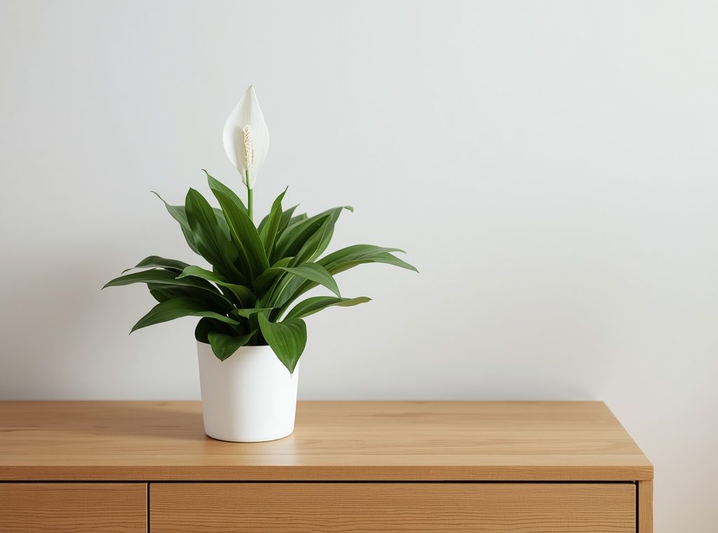 A simple white peace lily on a wooden bedroom dresser with soft green leaves and one white flower