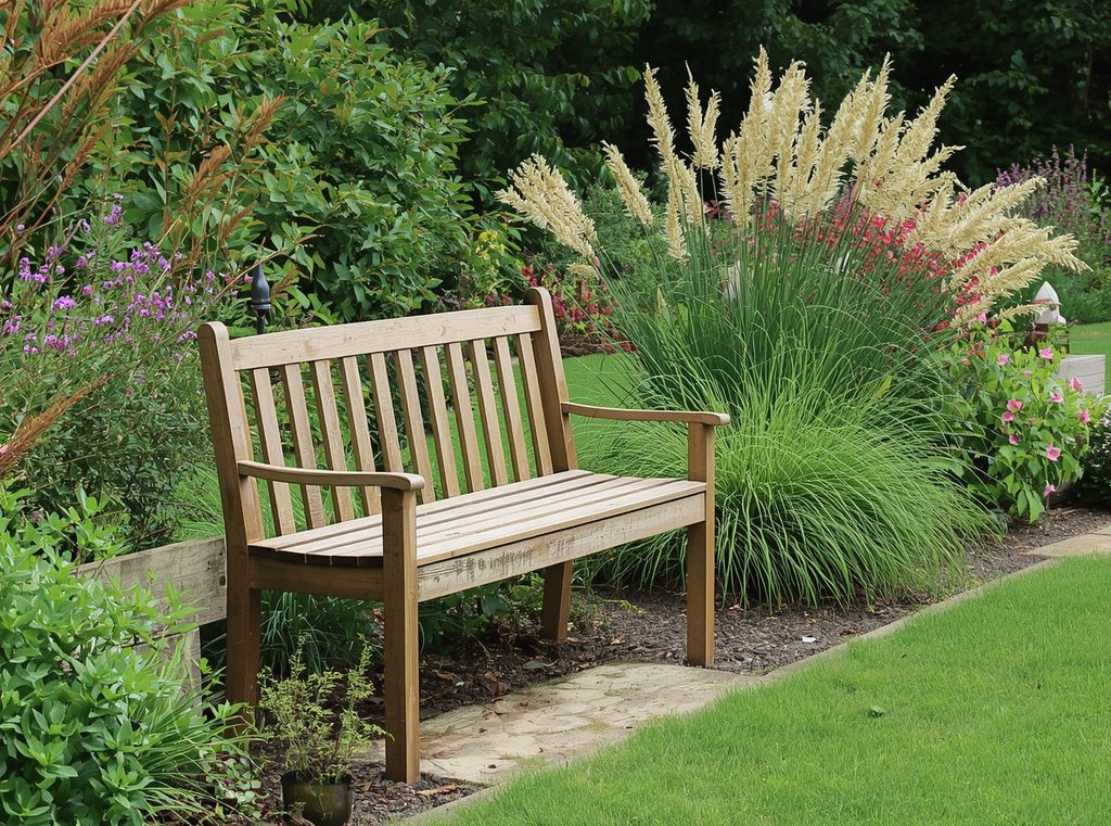 A simple wooden garden bench tucked beside flowering plants and ornamental grasses along a backyard path