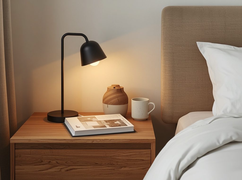 A simple wooden nightstand with a warm lamp, book, ceramic cup and one small decorative object beside a neutral bed