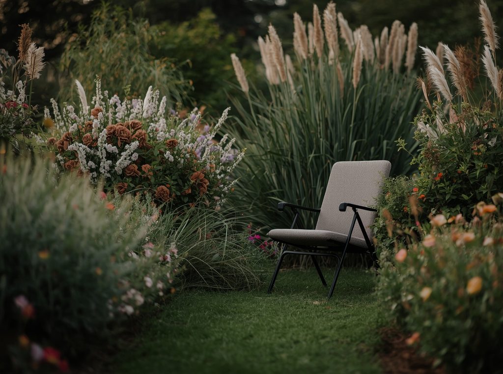 A single comfortable chair tucked into the far corner of a garden with flowers, grasses and soft evening light around it