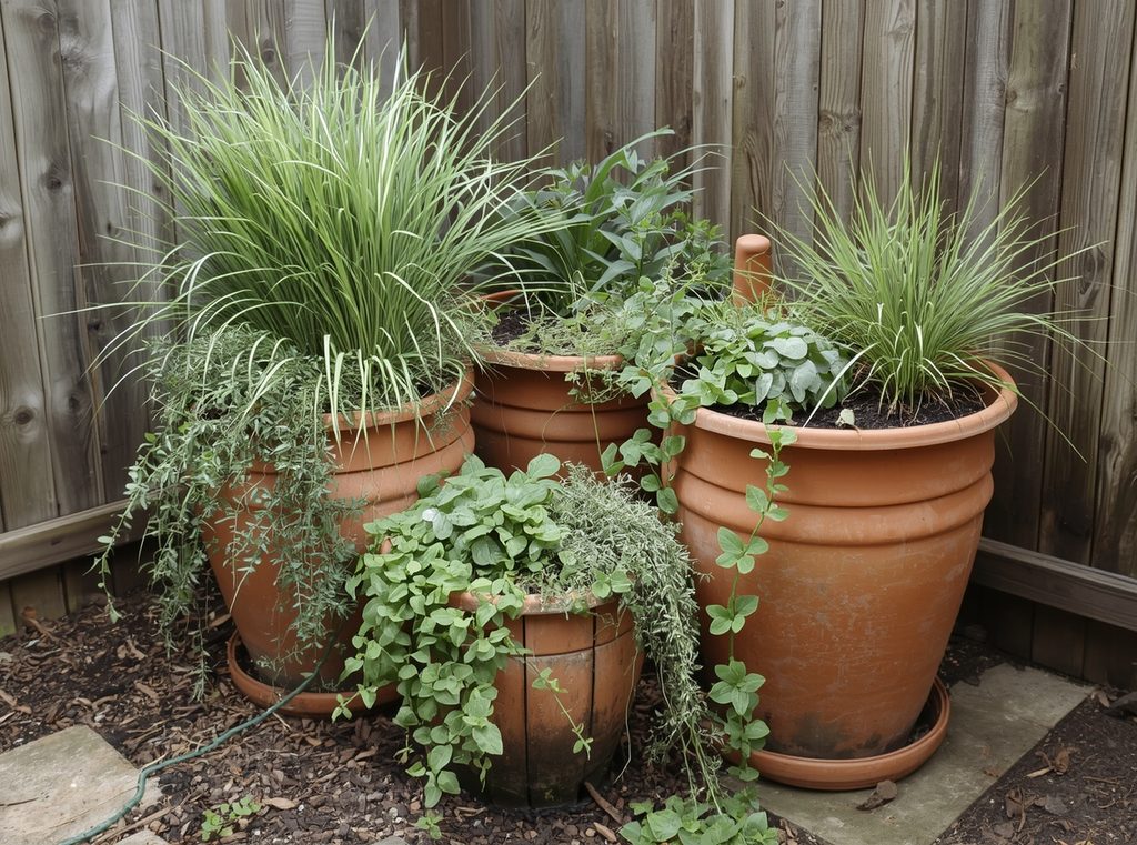 A small backyard corner with three large containers in different sizes filled with grasses, herbs and trailing greenery