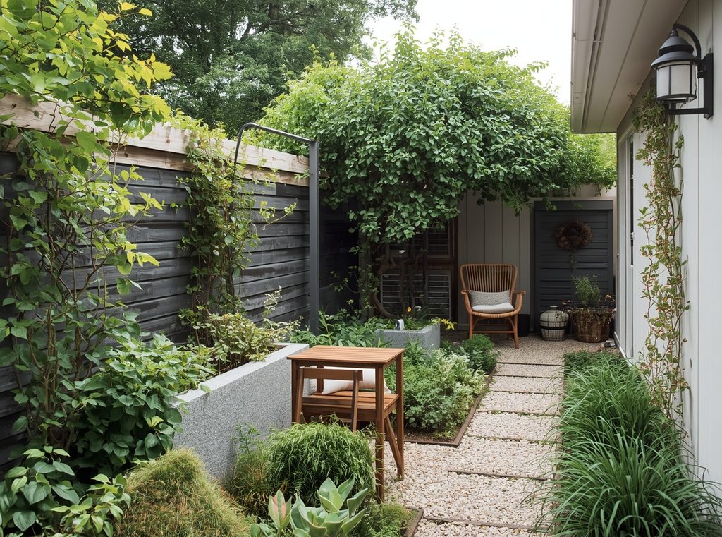 A small backyard garden with layered planting, a compact seating area, climbing greenery and a narrow gravel path