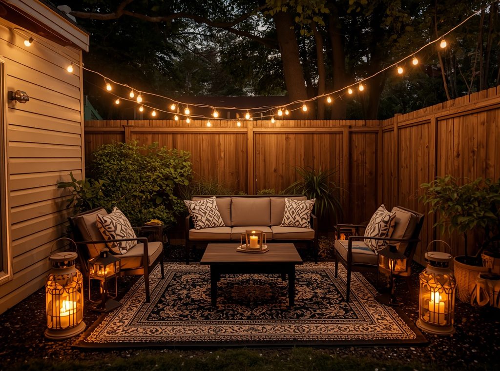 A small backyard seating area at dusk with warm string lights and two simple solar lanterns*