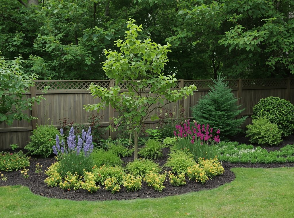 A small backyard with one compact ornamental tree creating height above low perennial planting