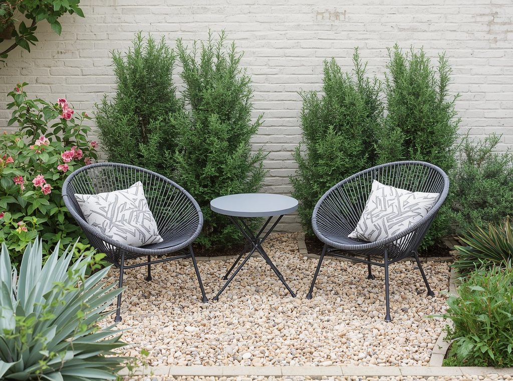 A small gravel seating area with two outdoor chairs, a round side table and soft planting around the edges