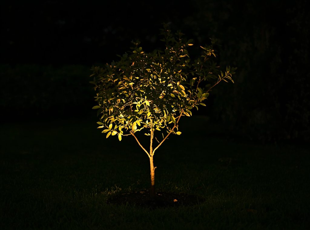 A small ornamental tree softly uplighted from below in a dark garden, with warm light catching the branches and leaves