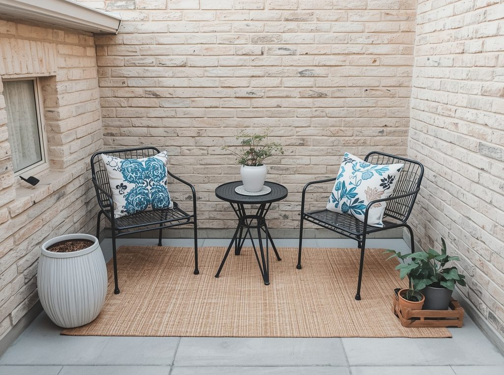 A simple small patio layout with two chairs, one round table, an outdoor rug, one large planter and a small cluster of pots
