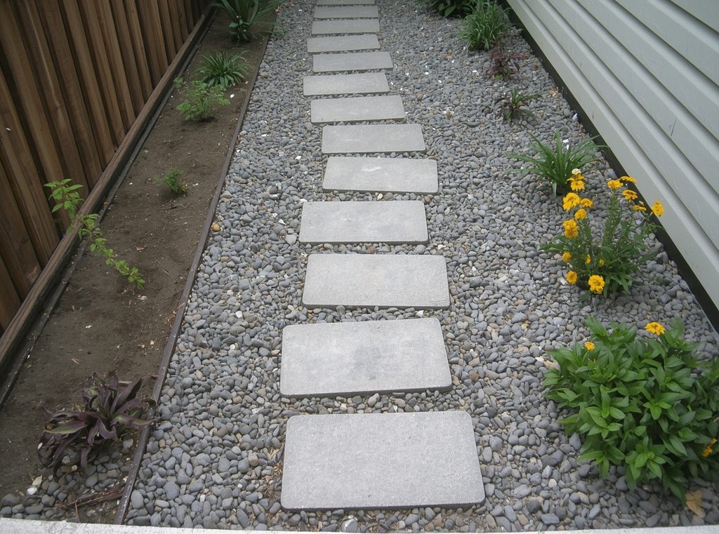 A simple stepping-stone path crossing a small backyard with low plants softening the edges
