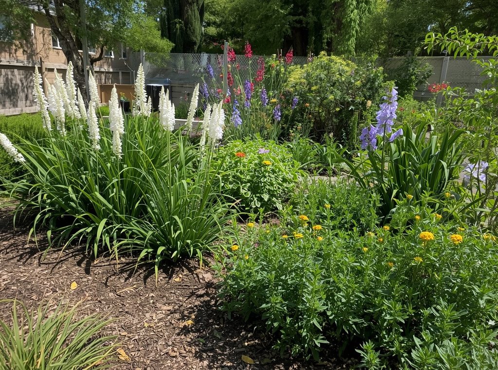A sunny garden bed filled with drought-tolerant perennials that naturally thrive in dry conditions