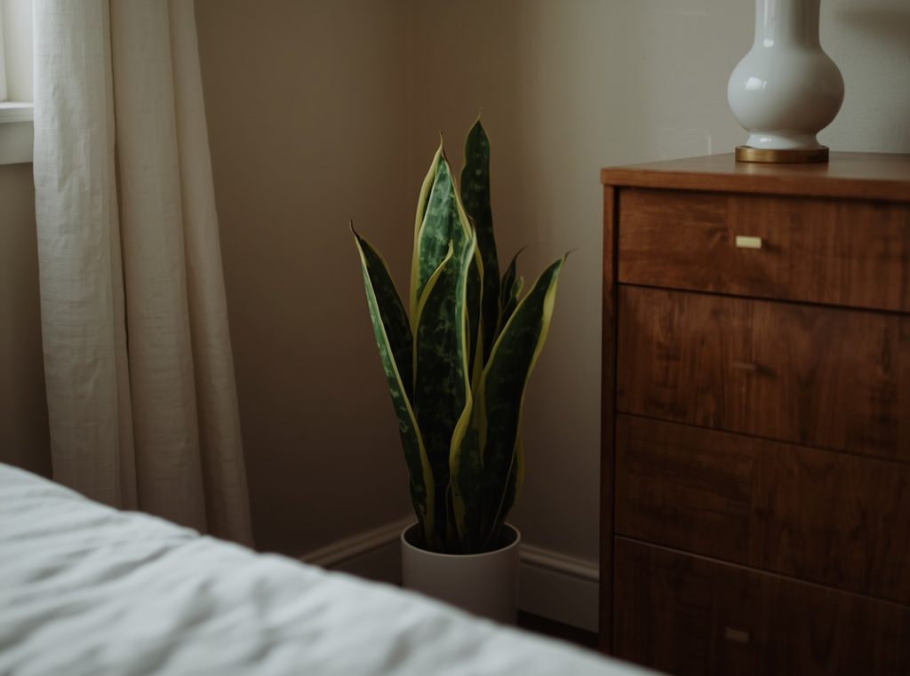 A tall snake plant in a simple ceramic pot standing in a dim bedroom corner beside a wood dresser
