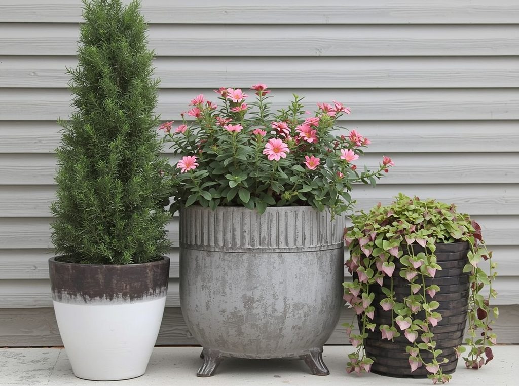 Three coordinated containers in different sizes grouped together with one tall plant, one flowering filler and one trailing plant